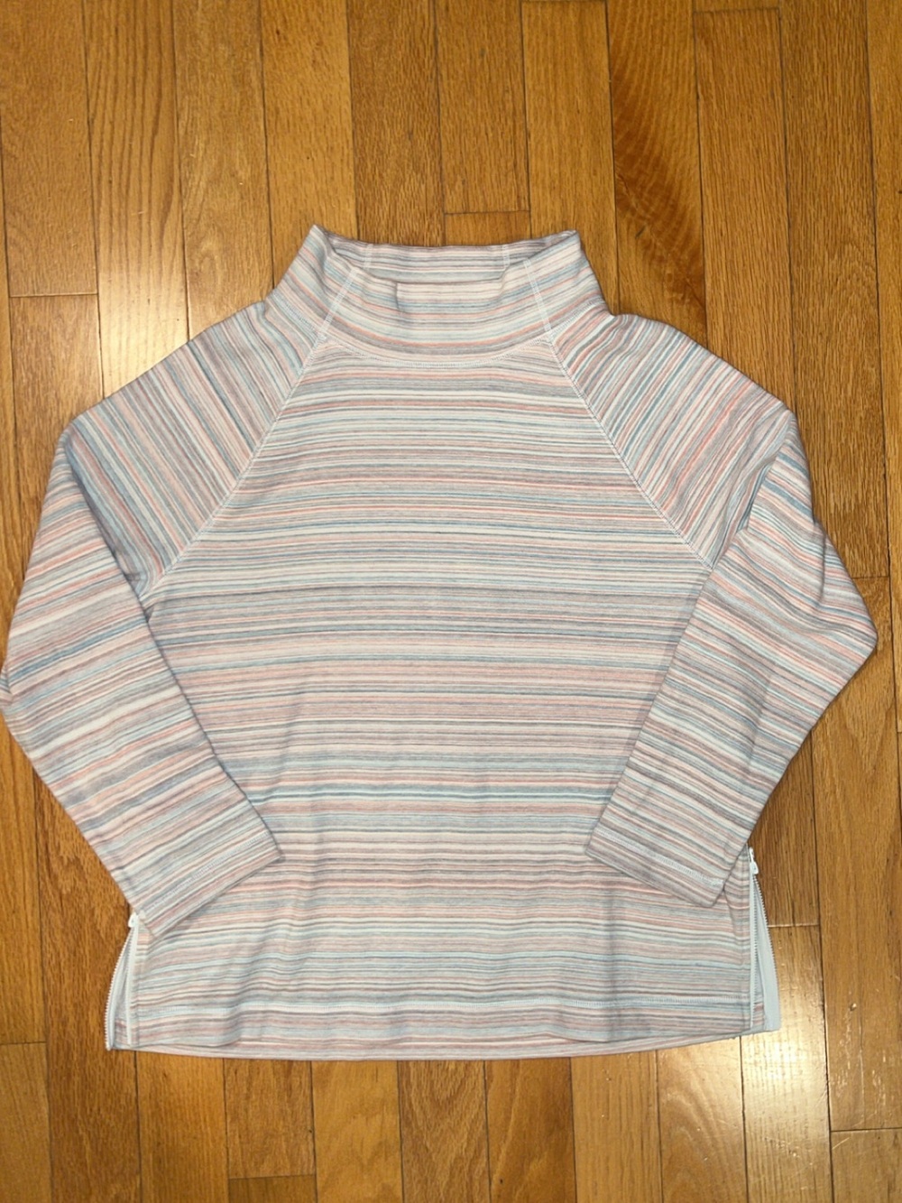 Talbots Zip Sides Striped Cowl Neck Sweatshirt in Peach and Light Teal